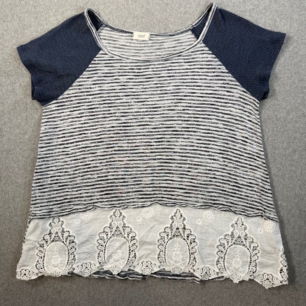 ODDY Women's Medium Navy Blue Striped Raglan Waffle Knit Sleeve Lace Trim Top